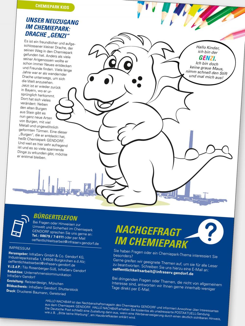 a.werner grafik, Chemiepark GENDORF, Genzi der Chemiepark-Drache, Illustration